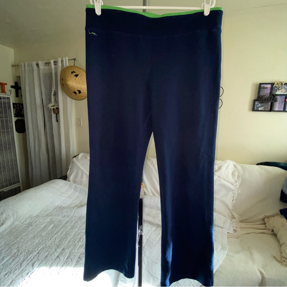 LRL Lauren Active Blue Pull On Stretch Pants Neon Green Waist Elastic Size Large
